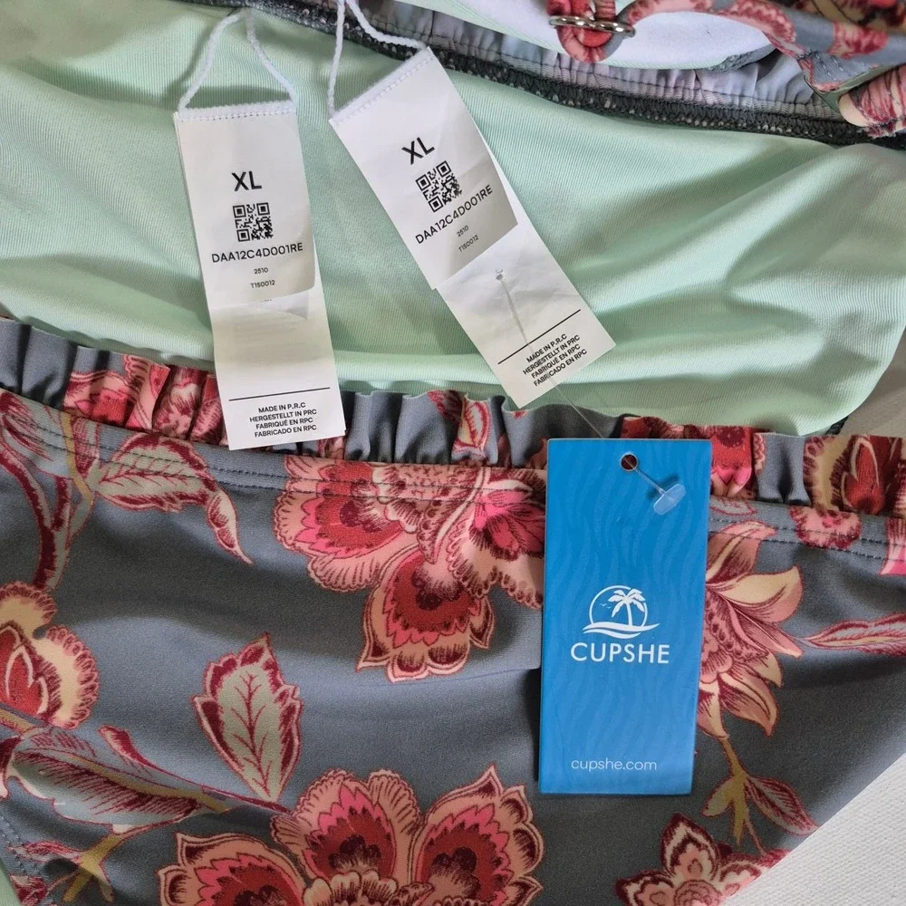 Cupshe Womens Floral Underwire Bikini Set High Waisted Ruffle Grey Pink New‎
